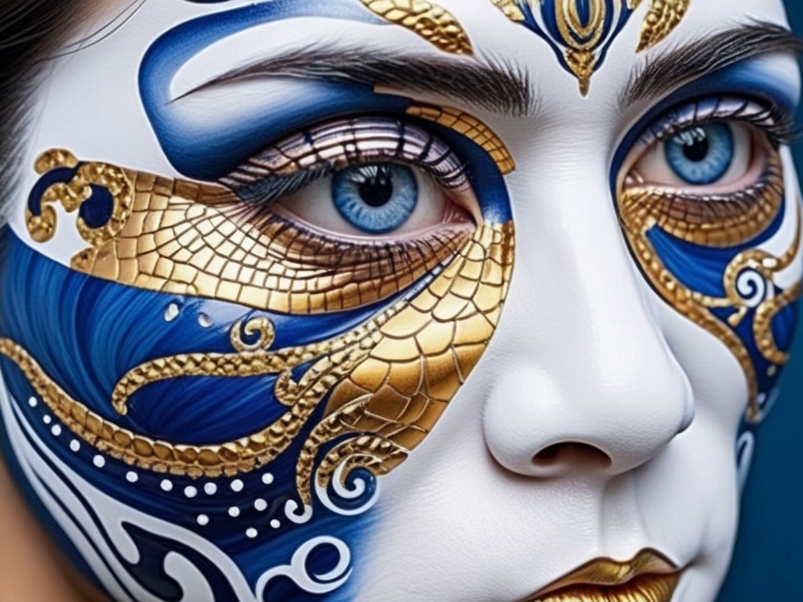 Close-up of a painted face with blue and gold designs