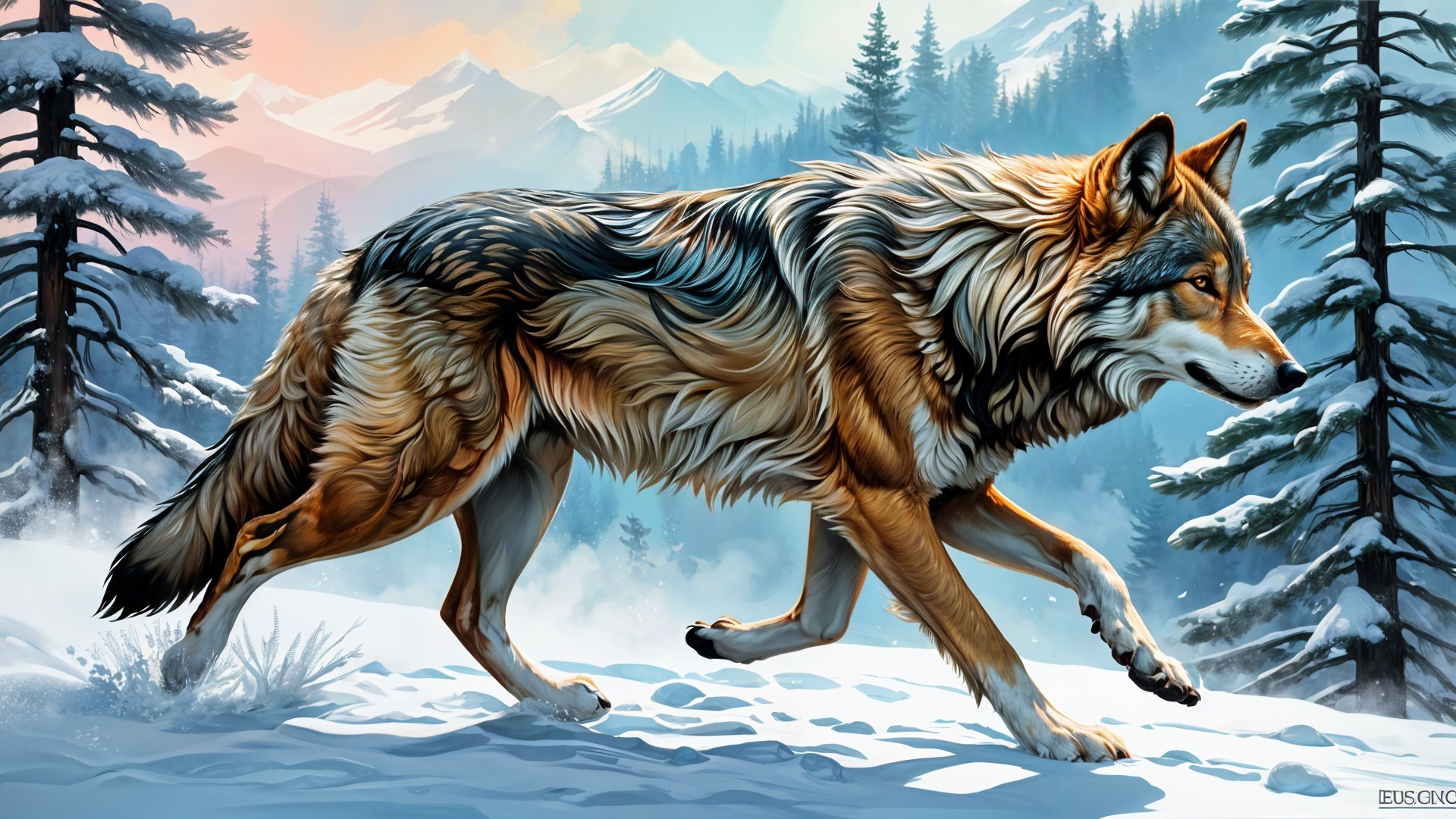 Wolf in Snowy Landscape with Pine Trees and Mountains