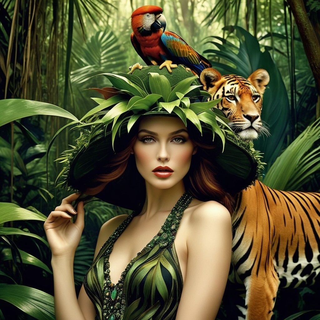 Elegant Woman in Jungle with Parrot and Tiger
