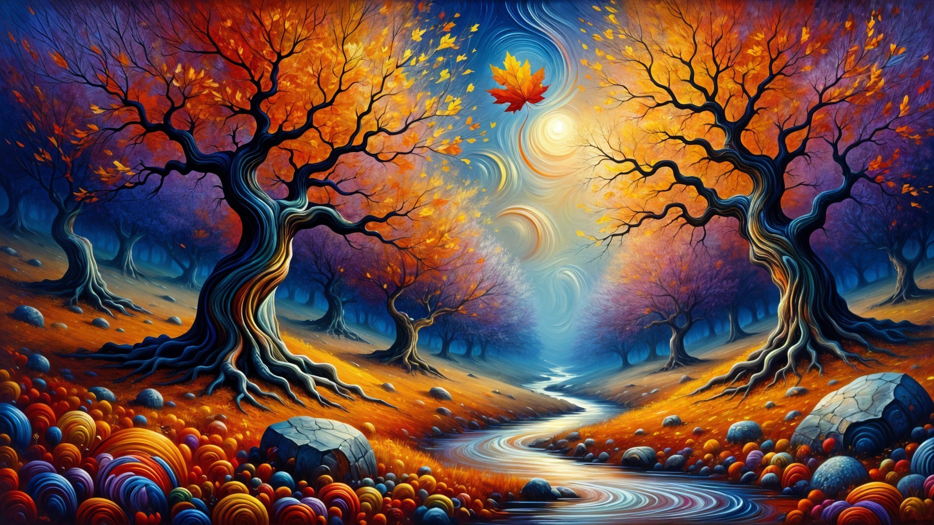 Colorful Autumn Landscape with Twisted Trees and River