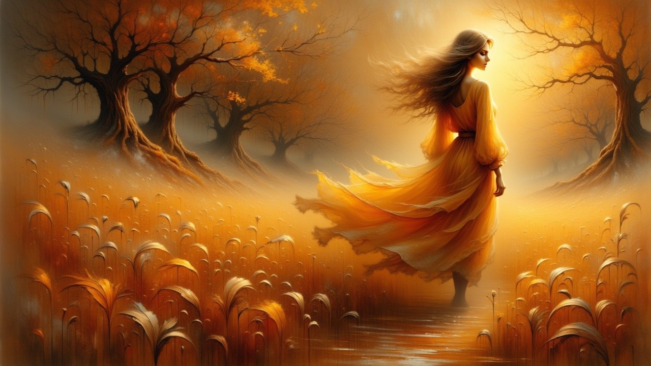 Serene Autumn Landscape with Young Woman in Yellow Dress