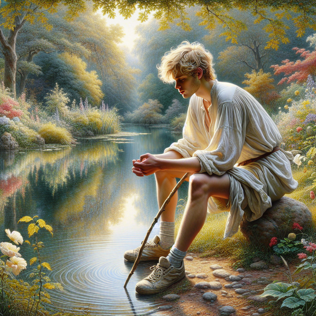 Young Boy Sitting by Serene Lake in Soft Light