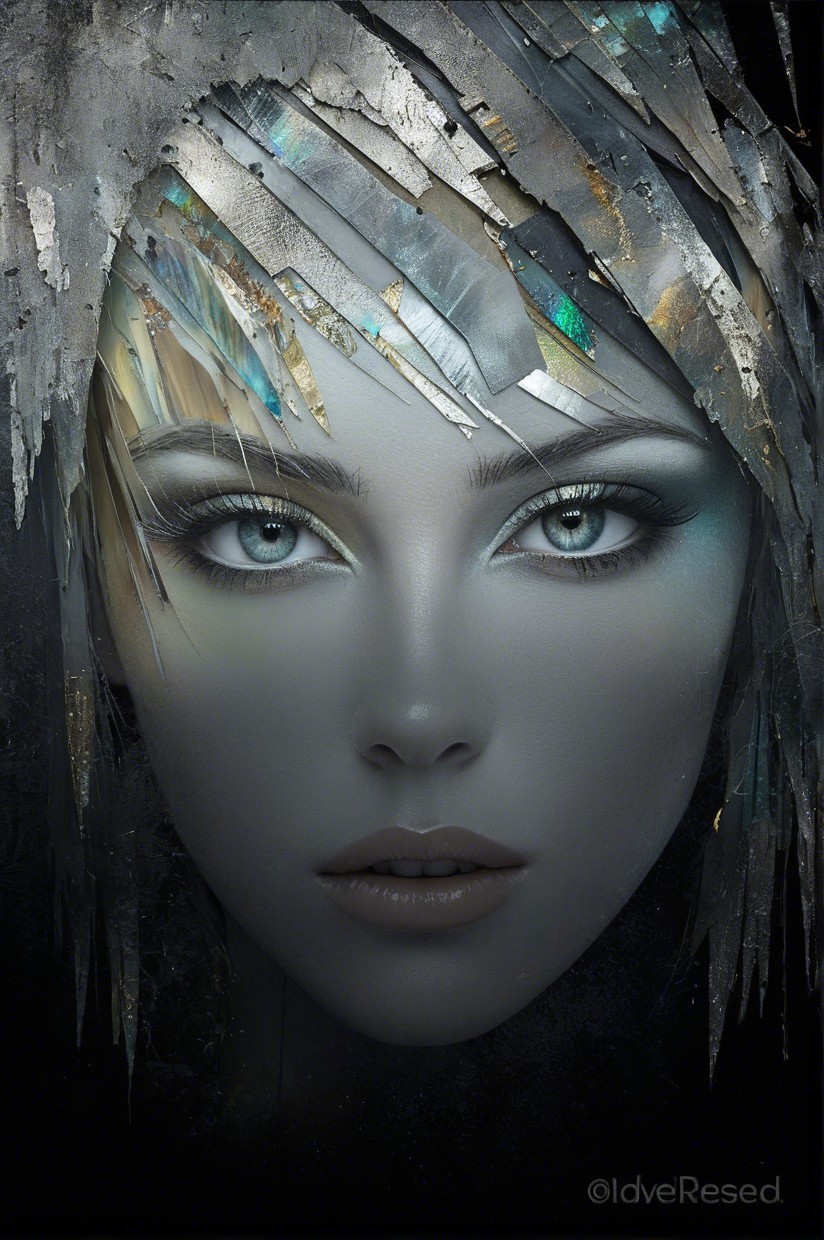 Futuristic Portrait with Gray Eyes and Metallic Hair