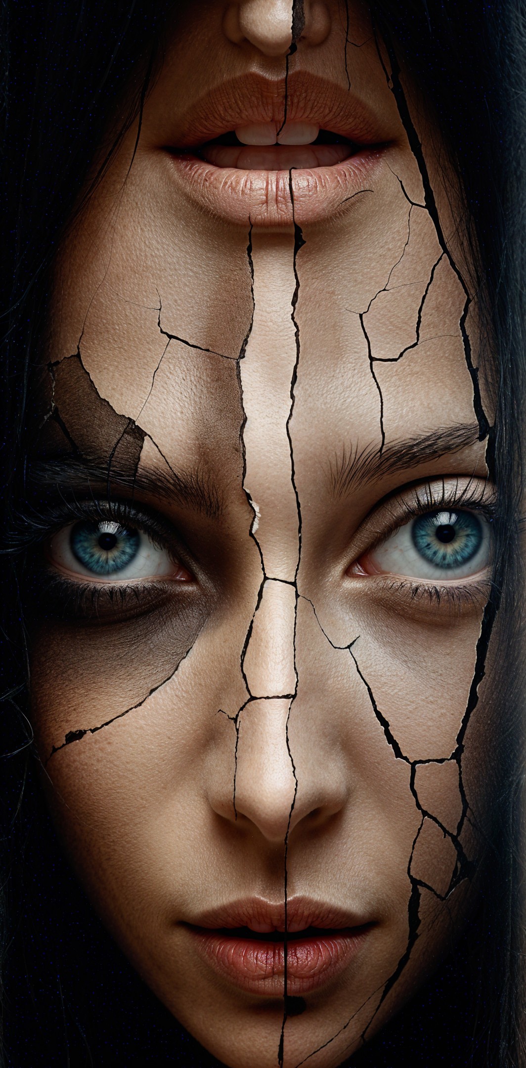 Close-Up of a Woman's Face with Fractured Surface