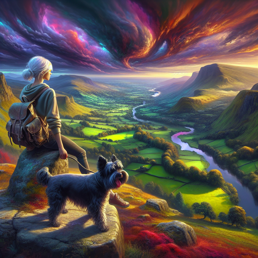 Serene Landscape with Girl and Dog Overlooking Valley
