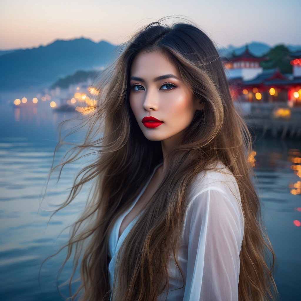 Woman by Waterway at Sunset with Reflected Lights