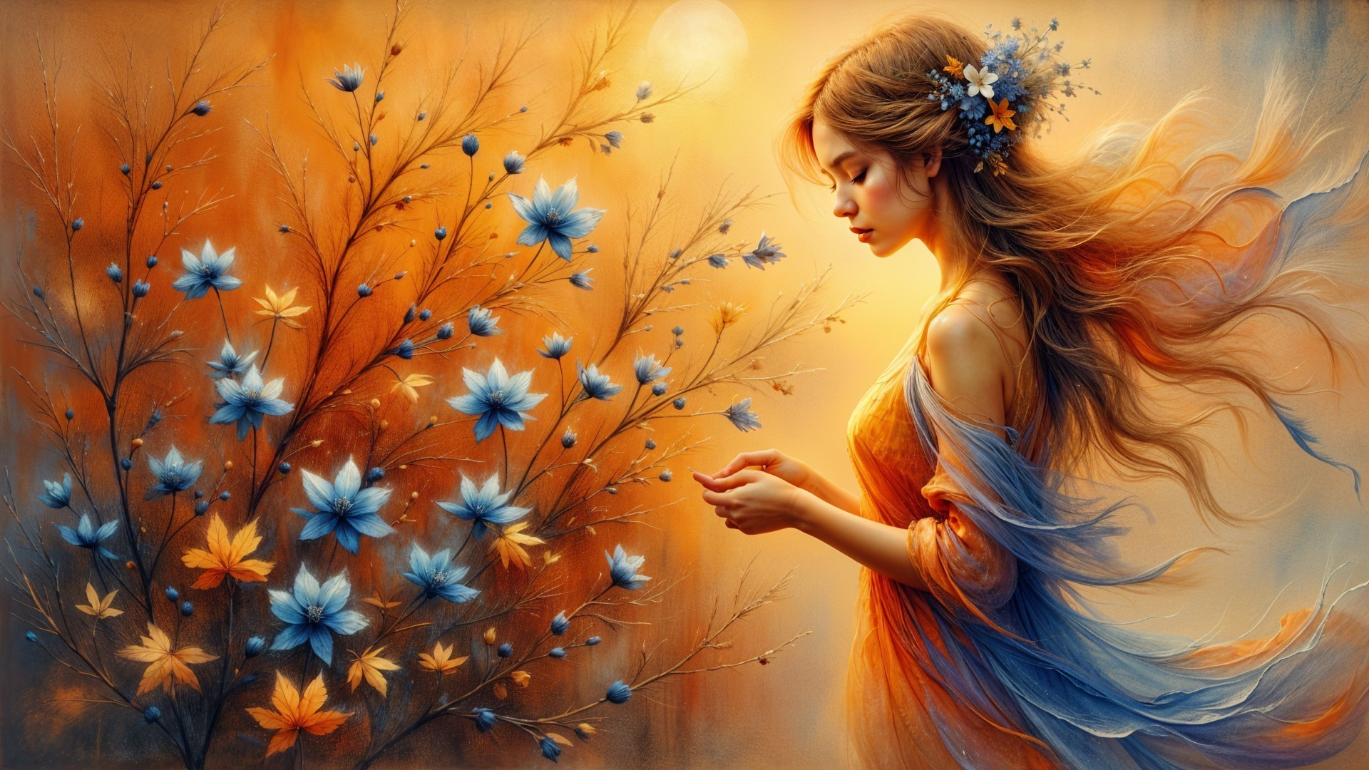 Serene Young Woman in Floral Dress Against Golden Background