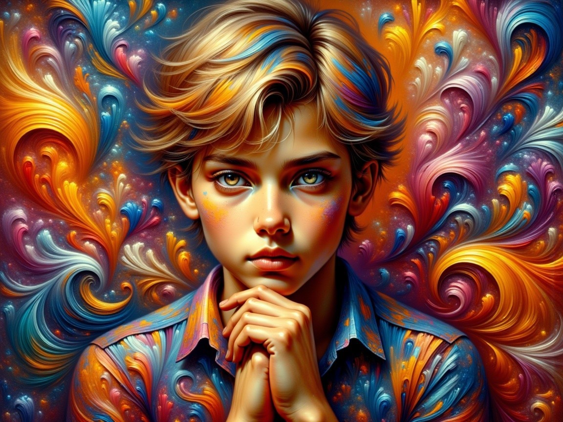 Thoughtful Young Person Against Colorful Abstract Background