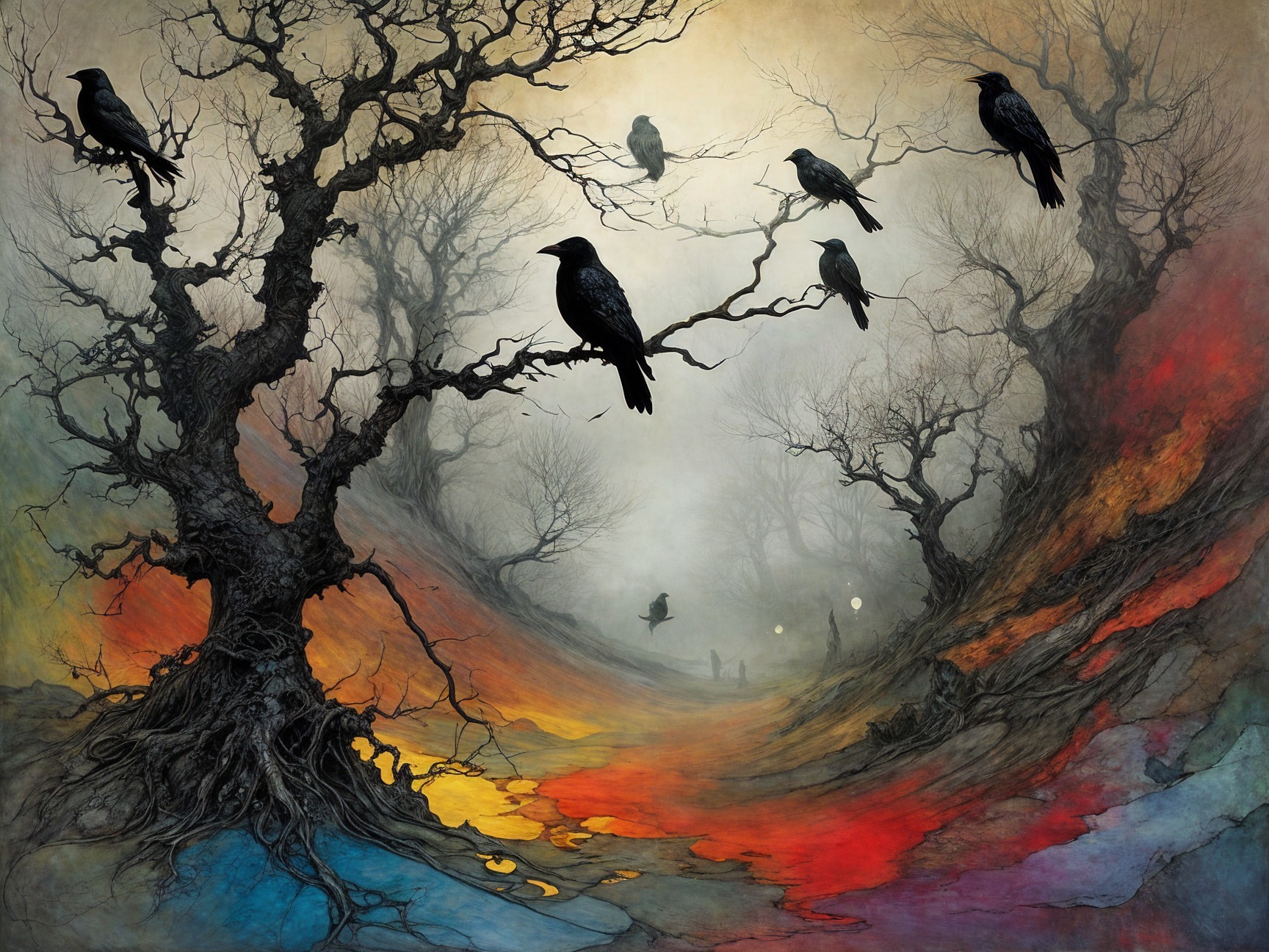 Misty Landscape with Twisted Trees and Ravens