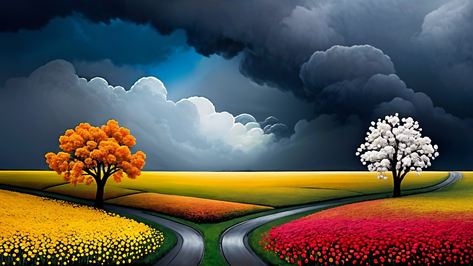 Vivid Landscape with Colorful Trees and Dramatic Clouds