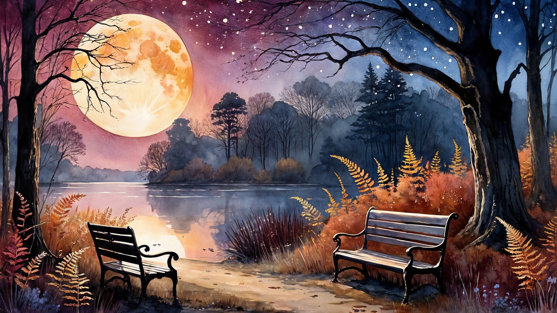 Twilight Scene of a Tranquil Lake and Benches