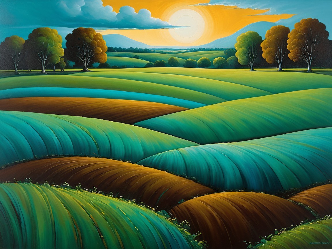 Vibrant Landscape Painting of Rolling Hills and Sunrise