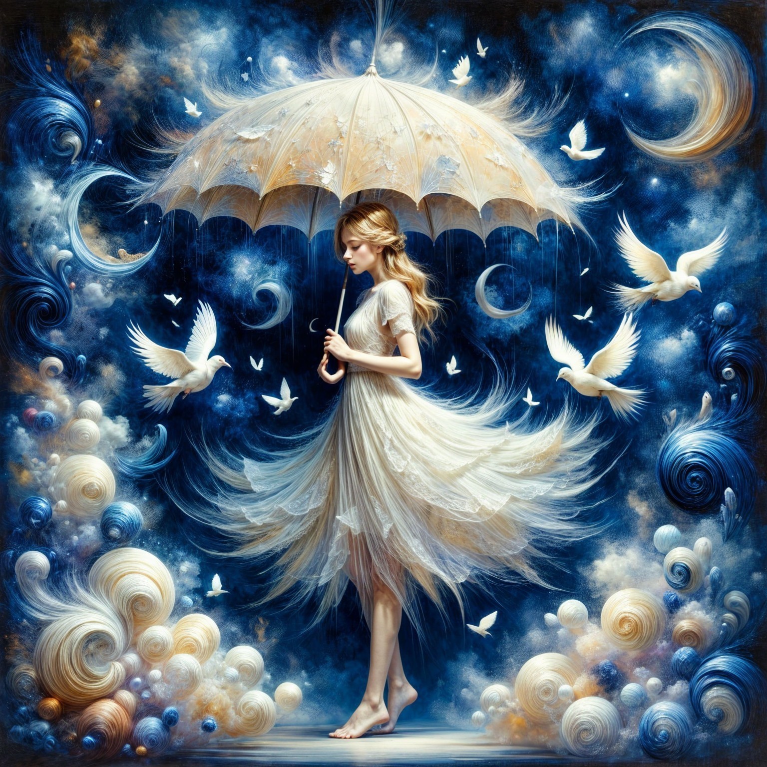 Serene figure under ornate umbrella with doves and clouds