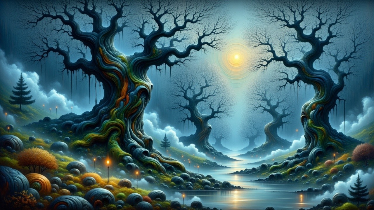 Mystical Landscape with Vibrant Trees and River