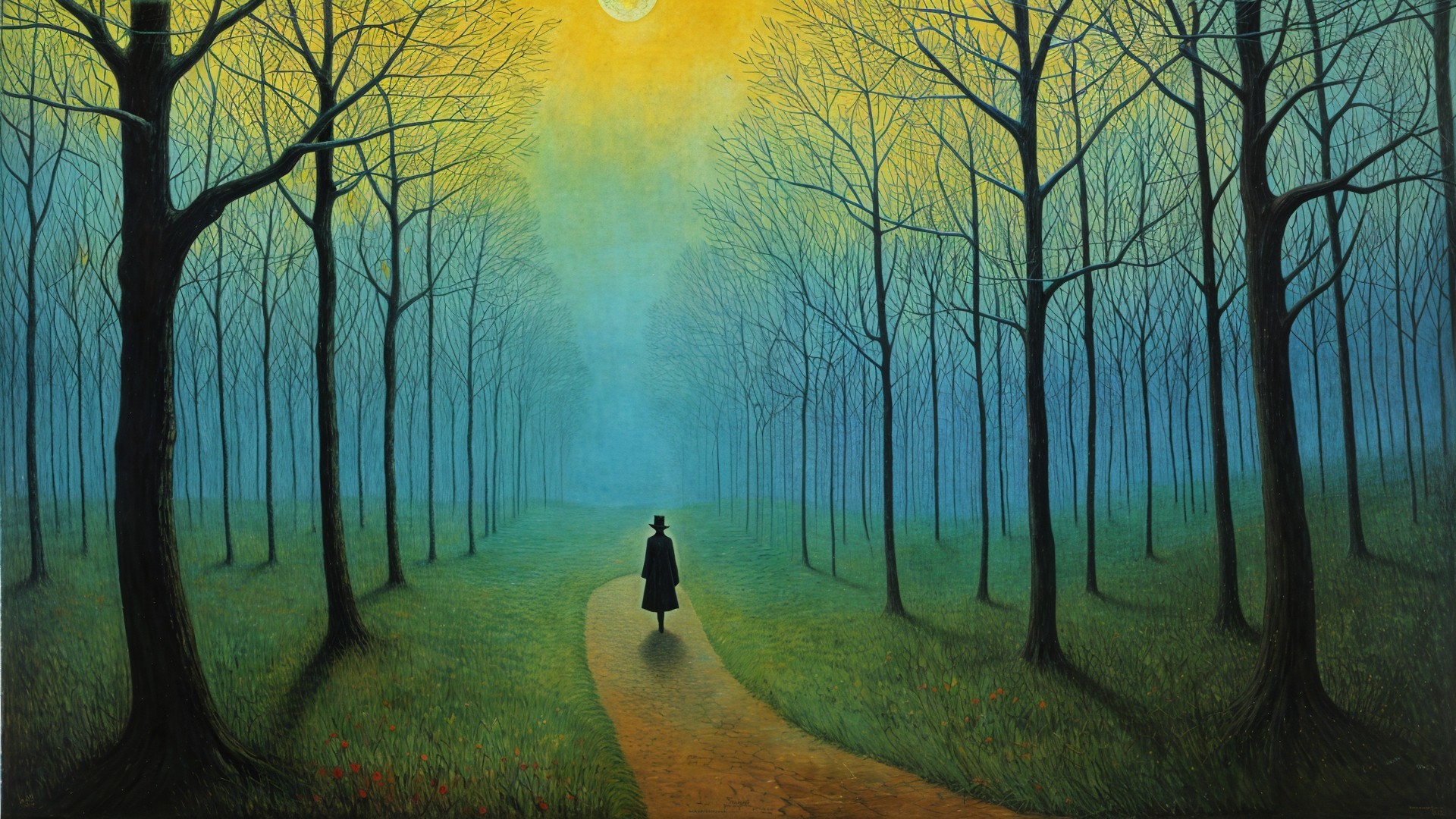 Solitary Figure on Winding Path in Misty Forest