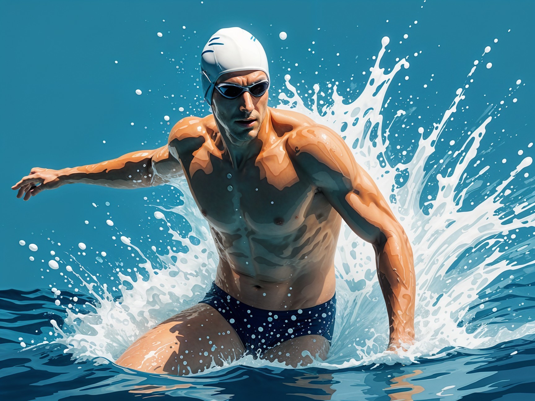 Muscular Swimmer Creating Splash in Blue Water