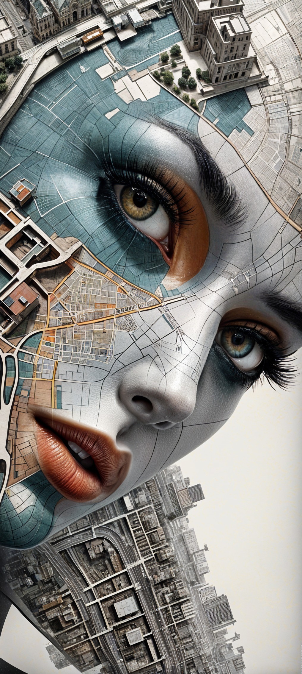 Surreal Portrait Blending Woman's Face with Urban Landscape