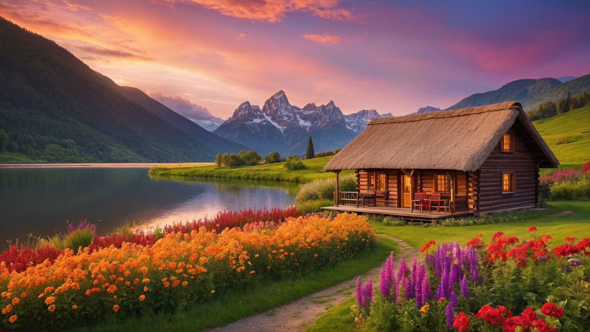 Wooden cabin by lake with vibrant flowers and mountains