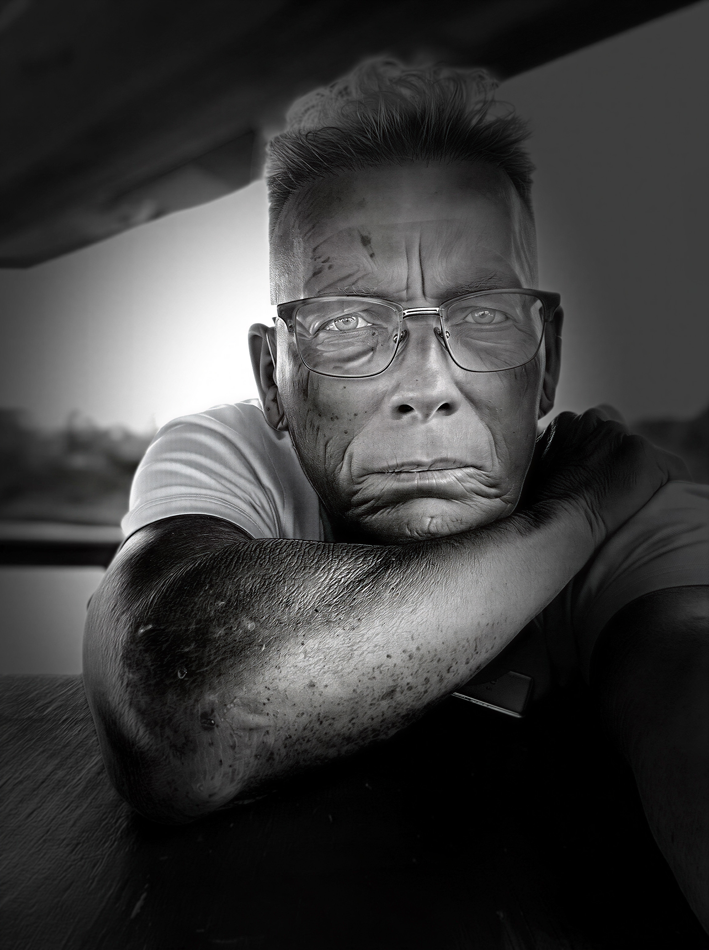 Close-up of an expressive aged face in black and white