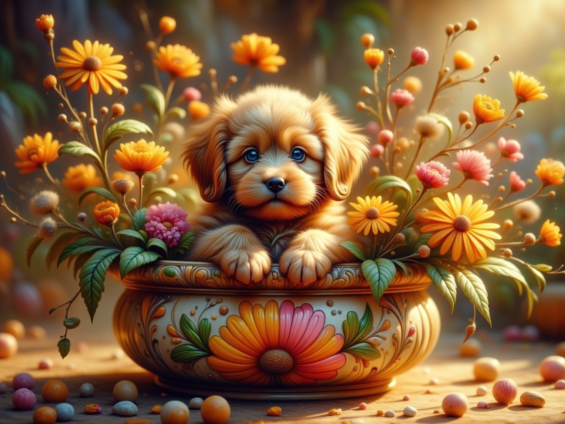 Golden Puppy in Flower Pot Surrounded by Vibrant Flowers
