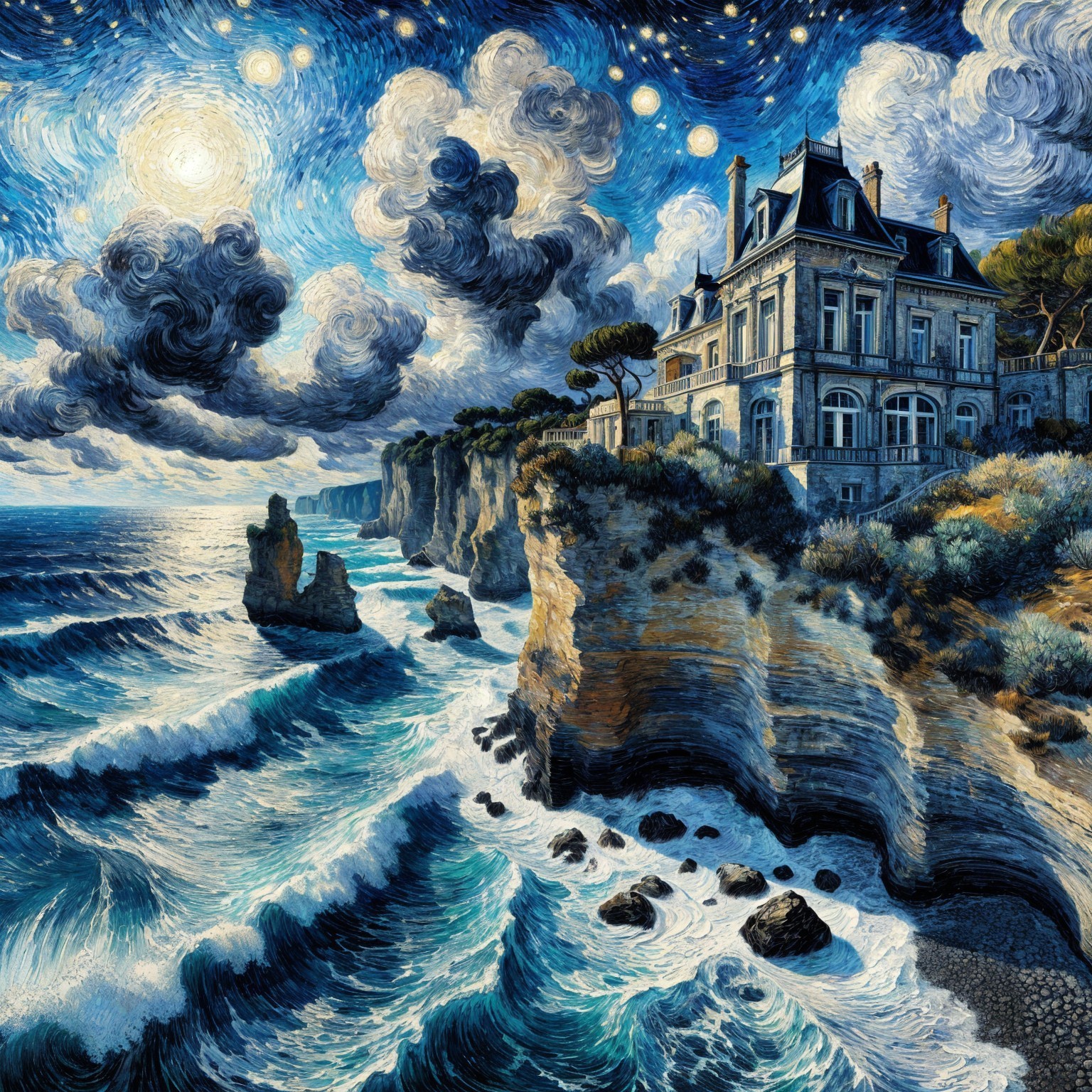 Coastal Scene with Mansion and Dramatic Sky