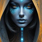 Futuristic Figure in Hooded Garment with Gemstone