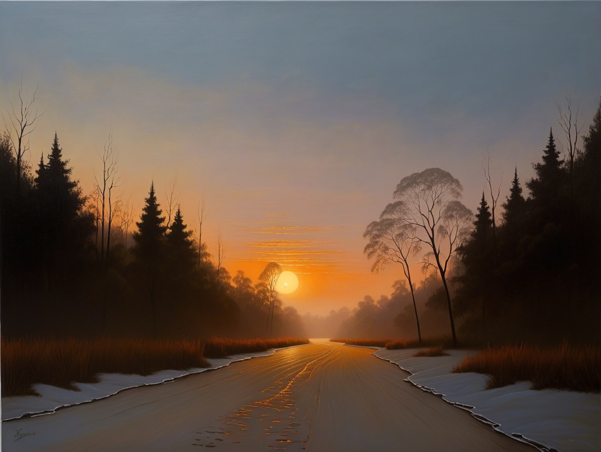 Serene Winter Landscape with Rising Sun and Mist