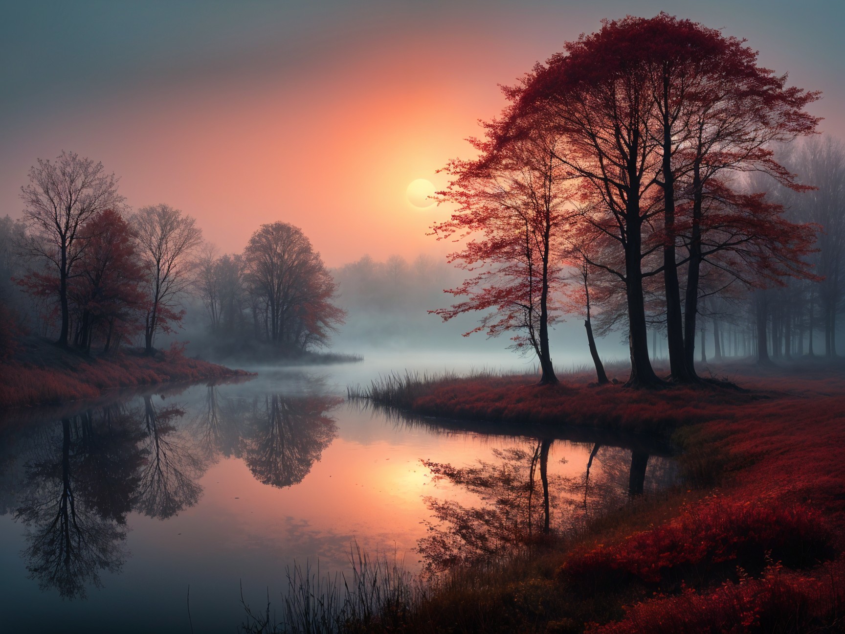 Serene Autumn Landscape with Vibrant Red Leaves