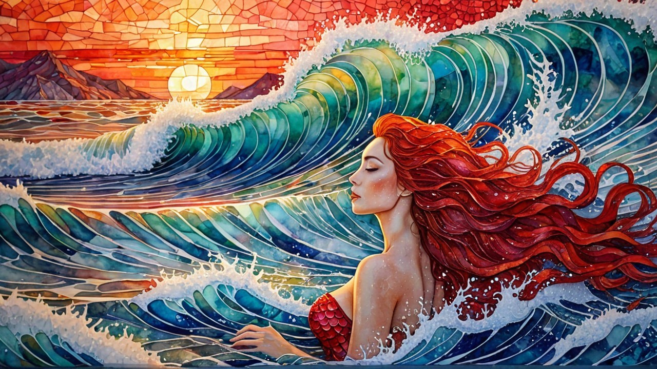 Vibrant Mosaic of a Serene Mermaid Amid Waves