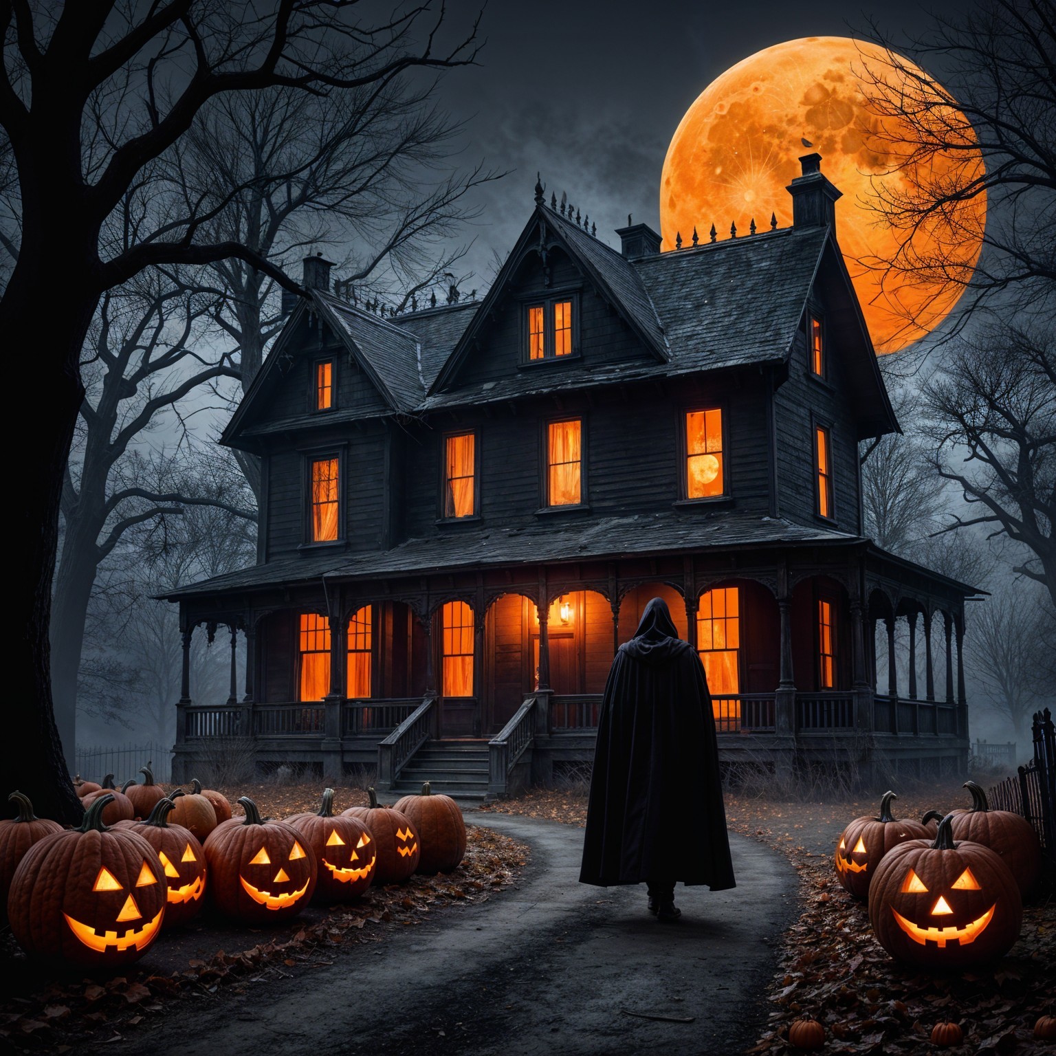 Victorian House with Pumpkins Under Full Moon Light