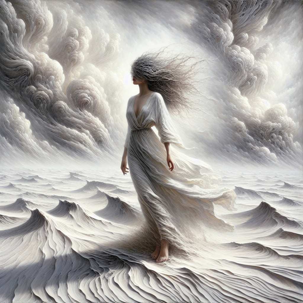 Ethereal Figure in Turbulent Clouds and Waves