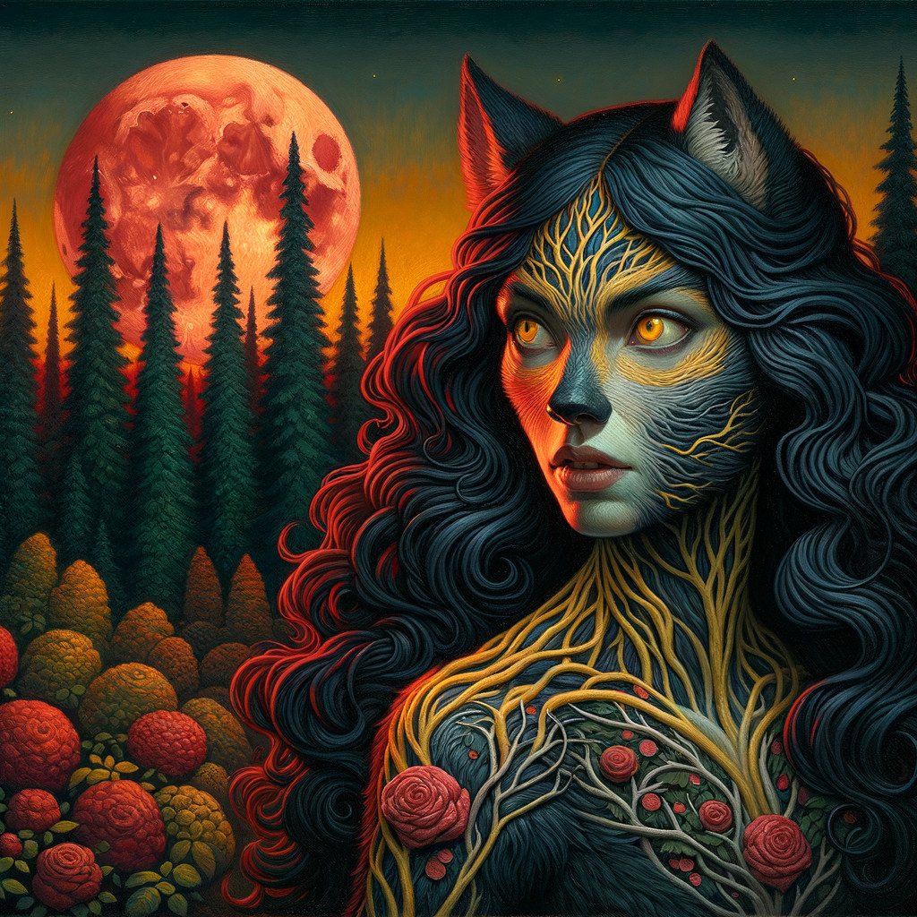 Woman with Wolf Features and Mystical Moonlit Scene