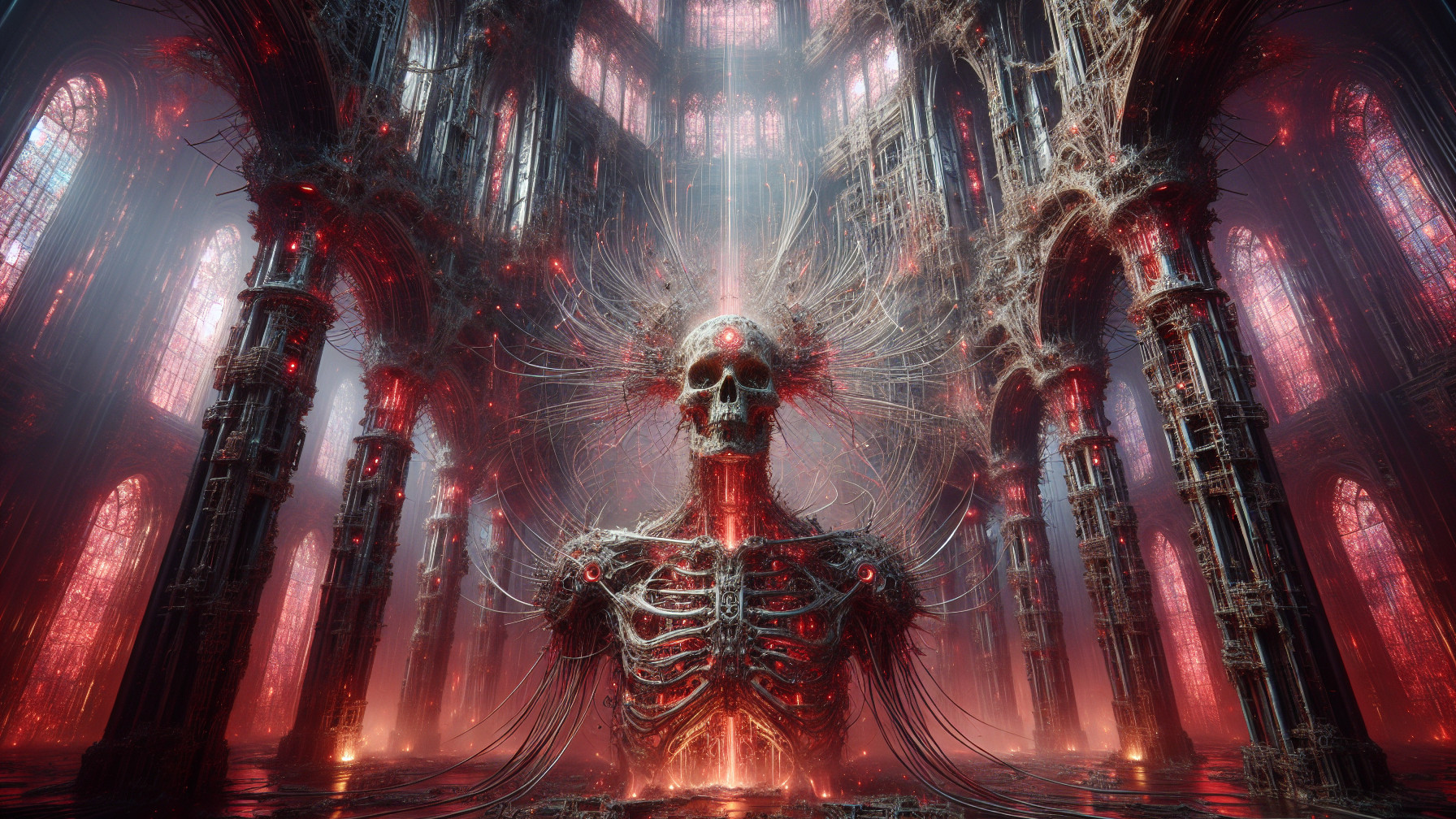 Cathedral-like Space with Skeletal Figure and Lighting