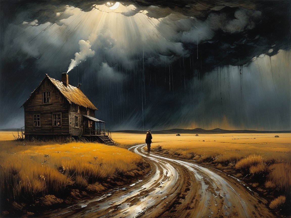Weathered Farmhouse Under Dramatic Stormy Sky