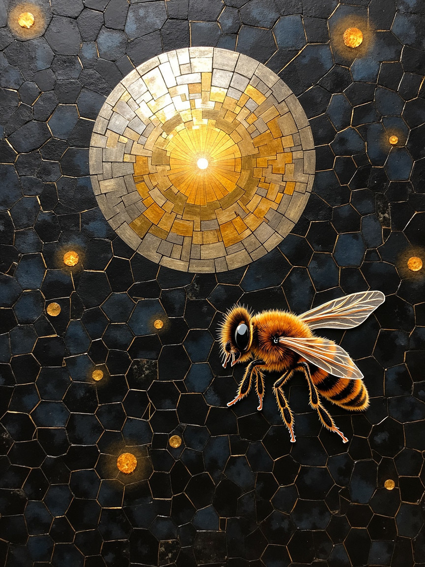 Honey Bee Against Dark Background with Sunburst Design