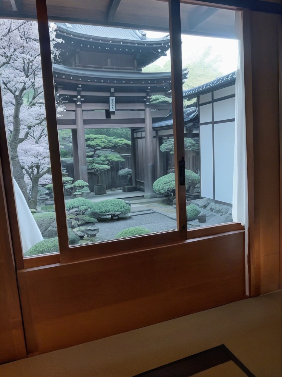 Interior View of Japanese House with Rock Garden Scene