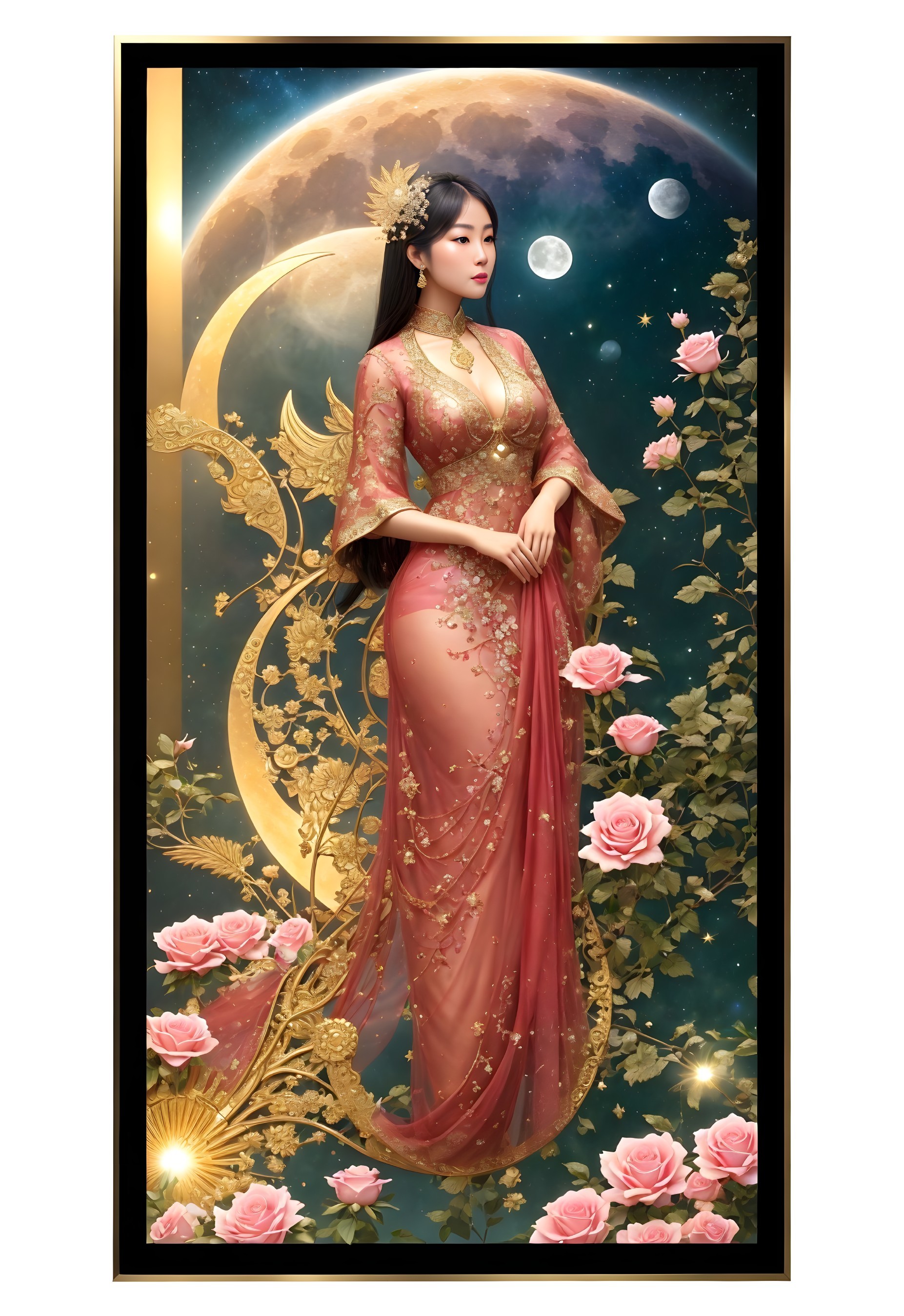 Illustrated portrait of elegant woman in Asian gown with floral patterns, surrounded by roses and celestial elements