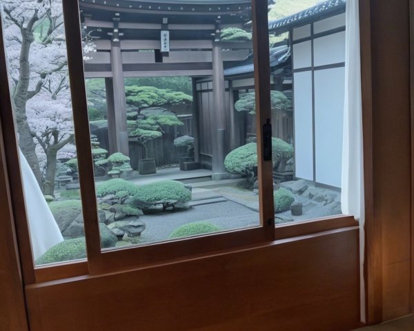 Interior View of Japanese House with Rock Garden Scene