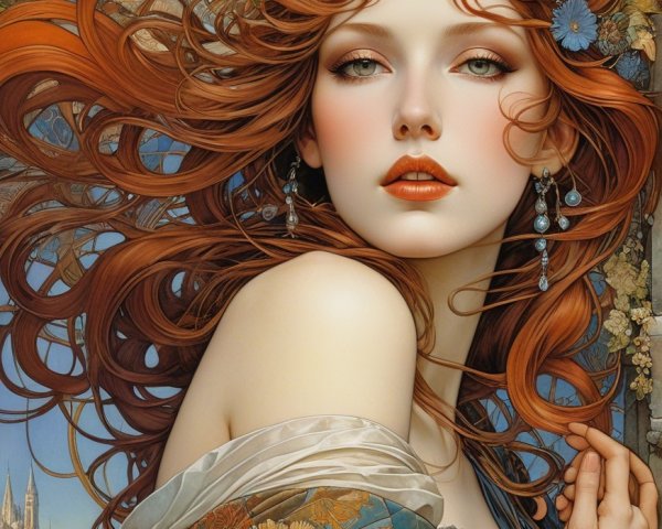 Portrait of a woman with red hair and stained glass backdrop