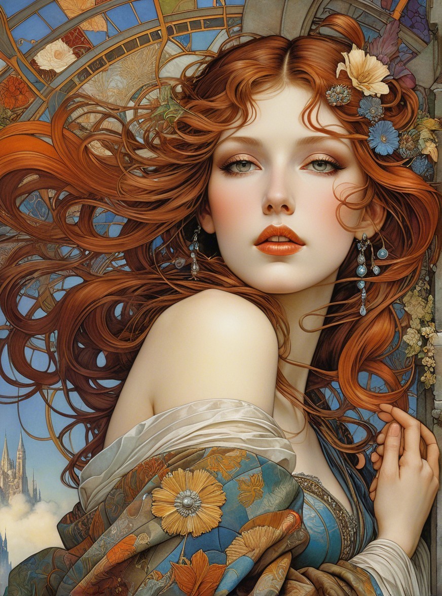 Portrait of a woman with red hair and stained glass backdrop