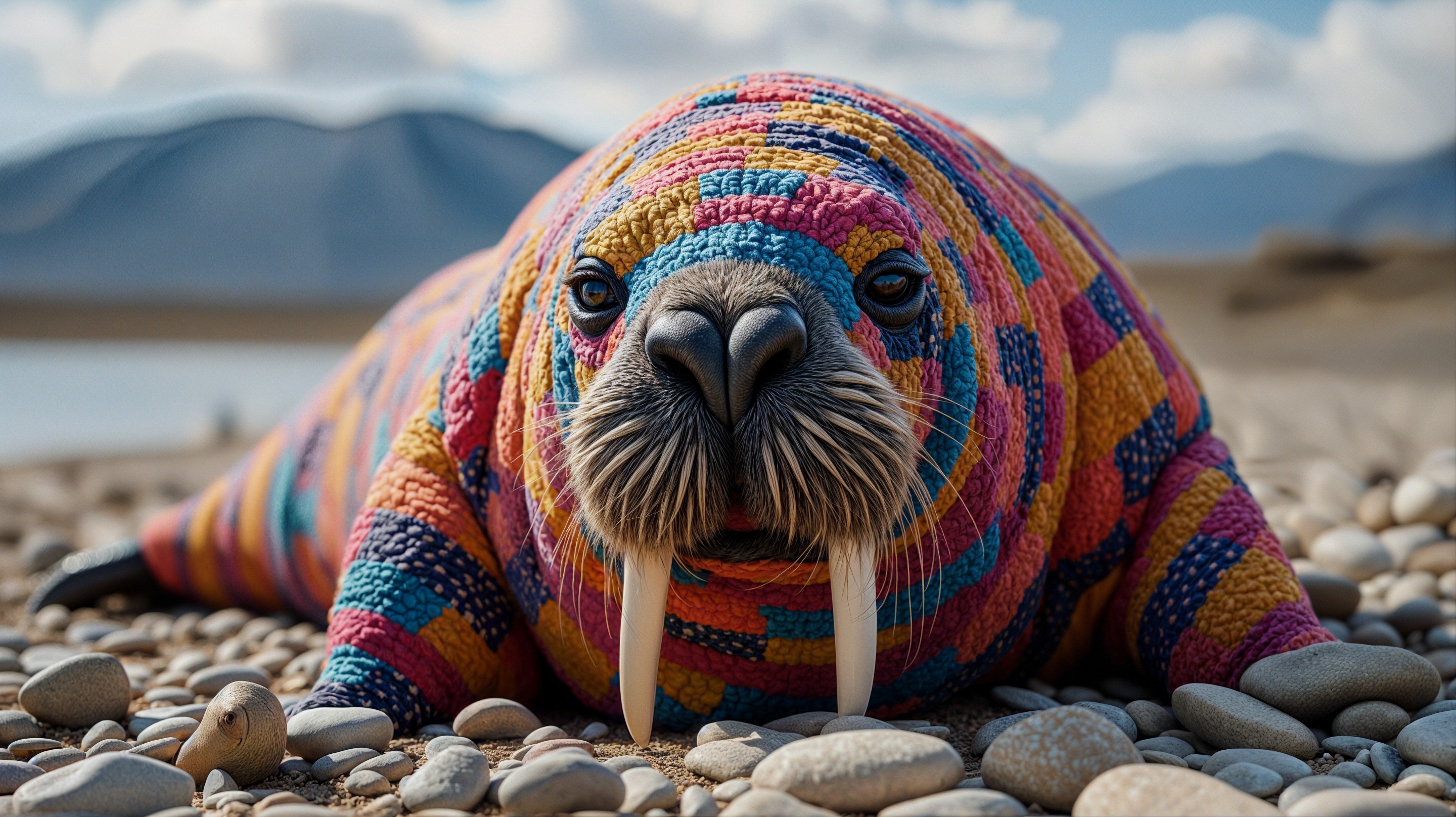 Whimsical Walrus in Colorful Sweater on Beach