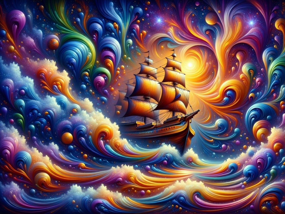 Surreal Ship Sailing Through Colorful Ocean Waves