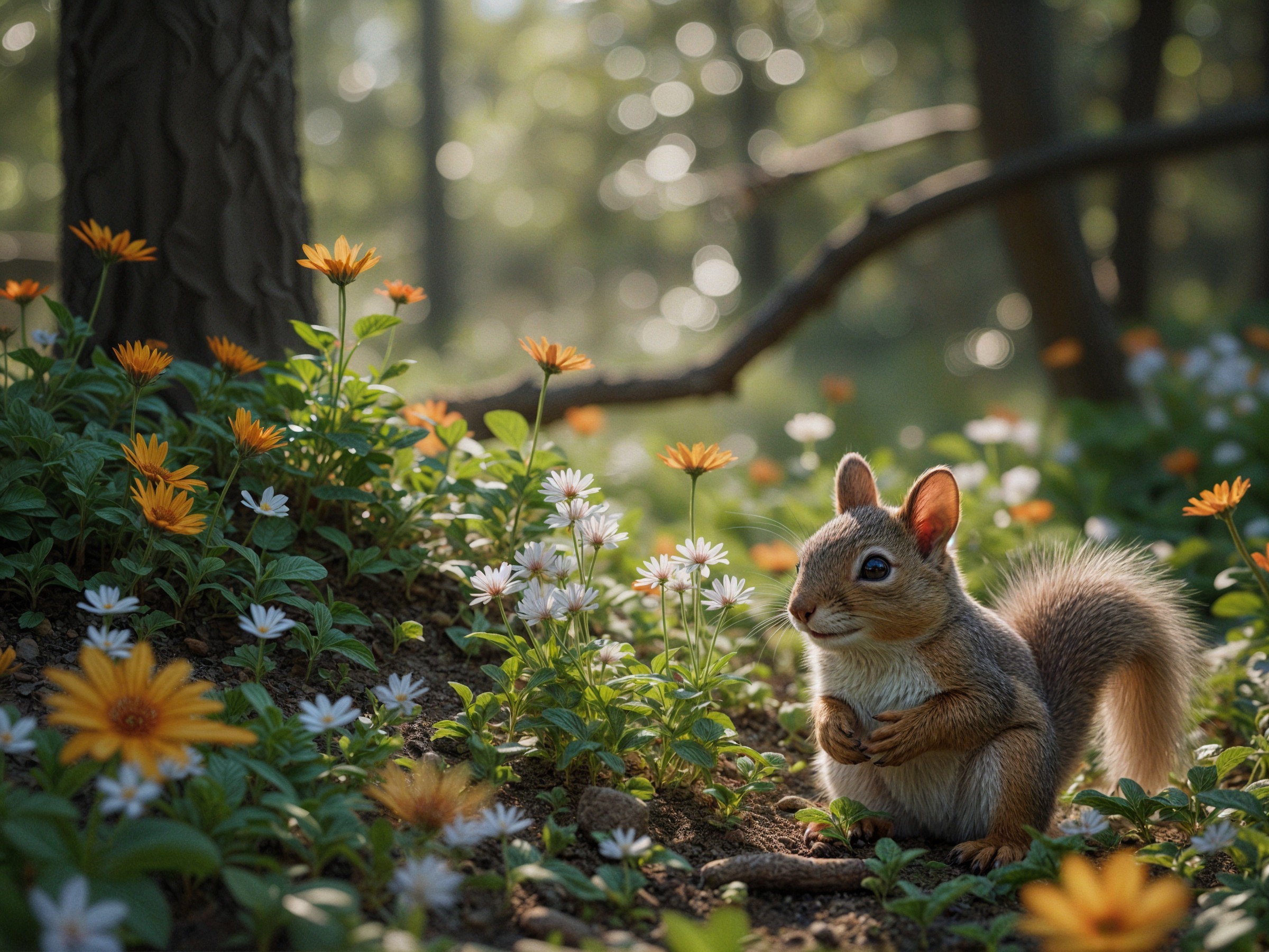 Squirrel in Sunlit Forest Glade with Wildflowers