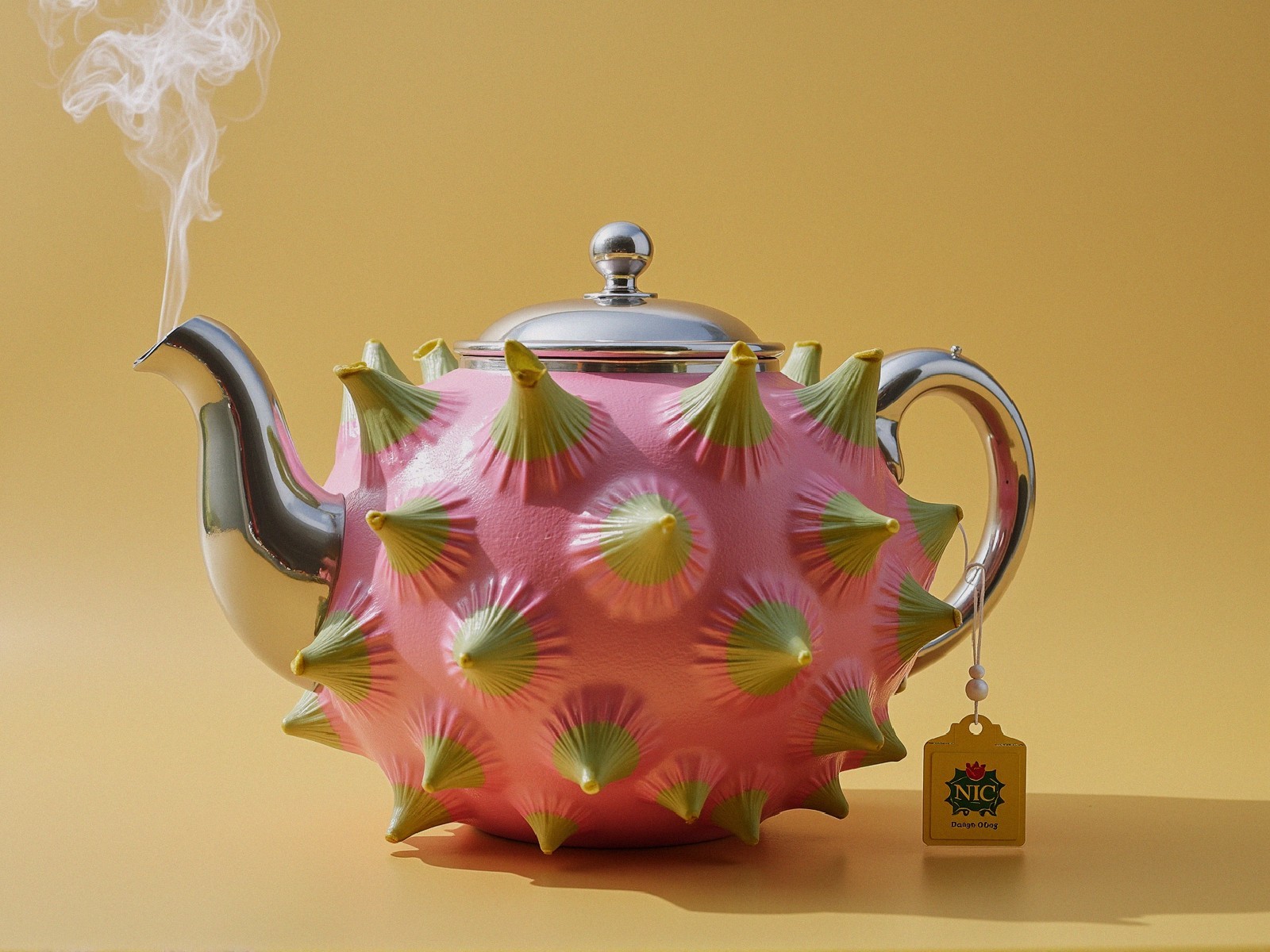 Whimsical Pink Teapot with Green Protrusions on Yellow