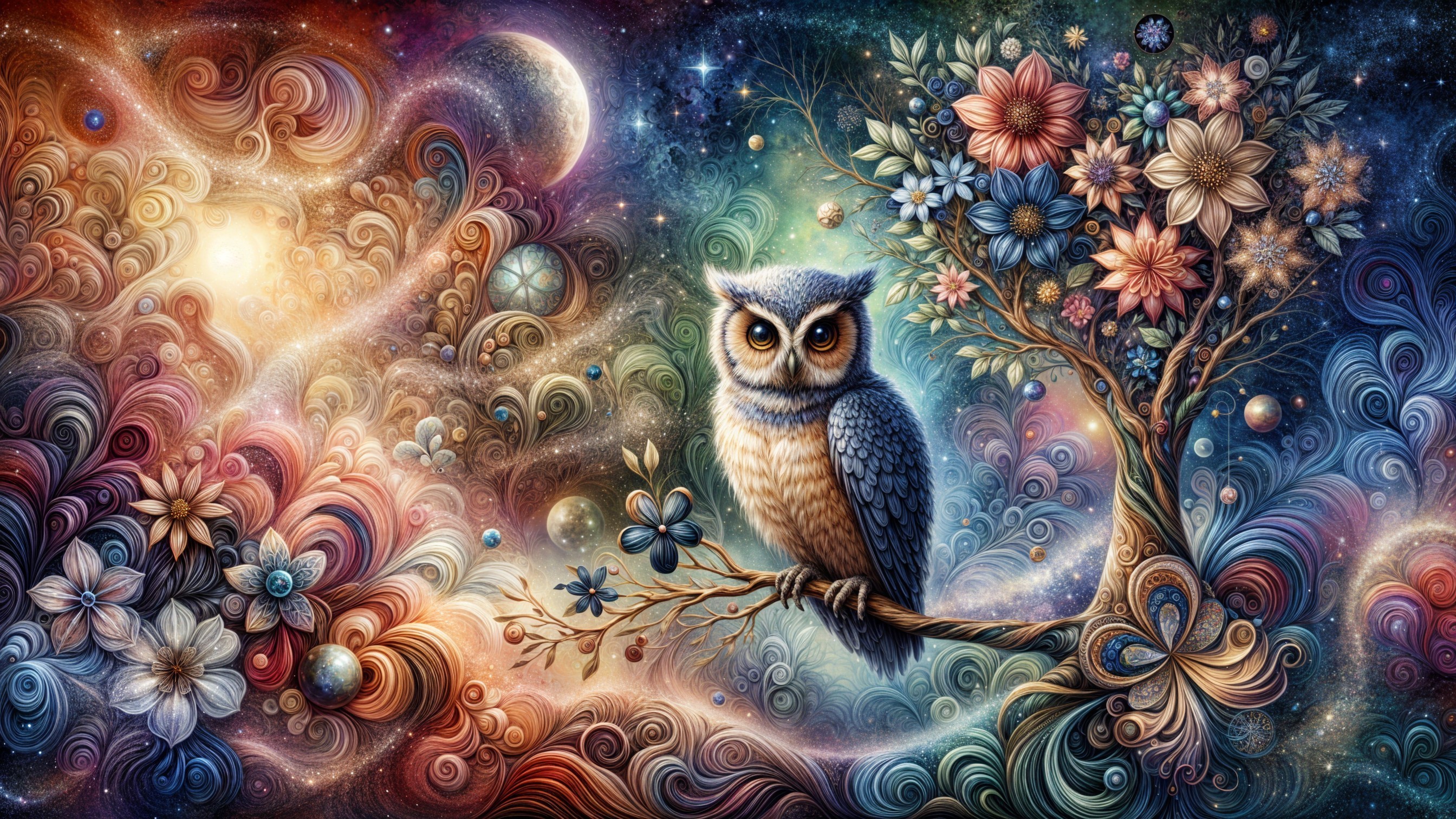 Owl Surrounded by Vibrant Flowers and Cosmic Elements