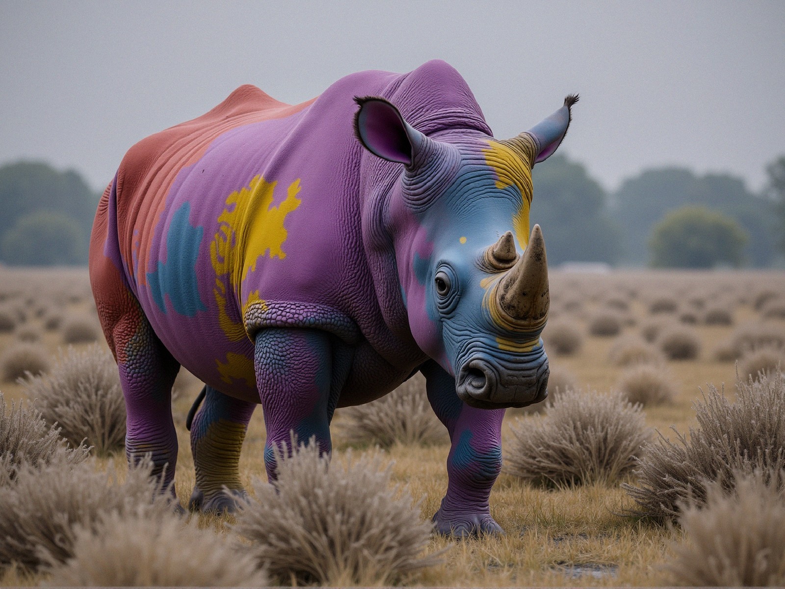 Surreal Rhinoceros in Vibrant Grassy Landscape