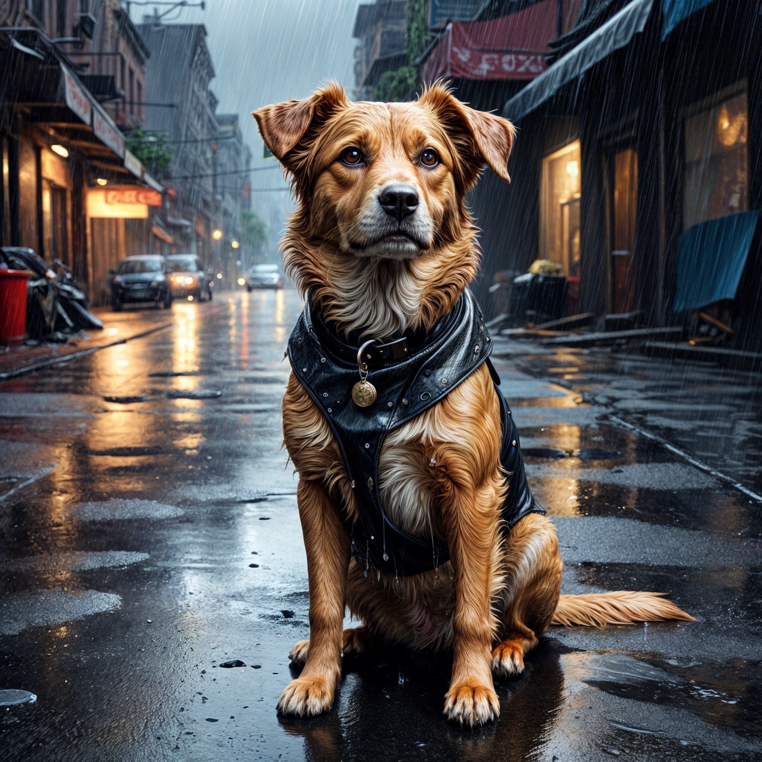 Confident Dog on Rainy Urban Street with Harness