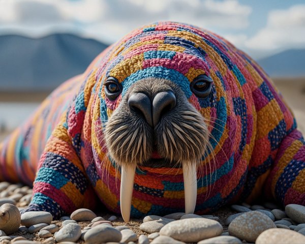 Whimsical Walrus in Colorful Sweater on Beach