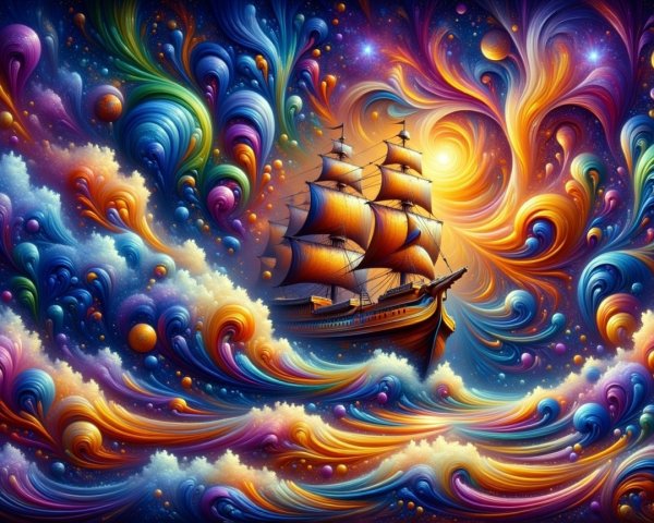 Surreal Ship Sailing Through Colorful Ocean Waves