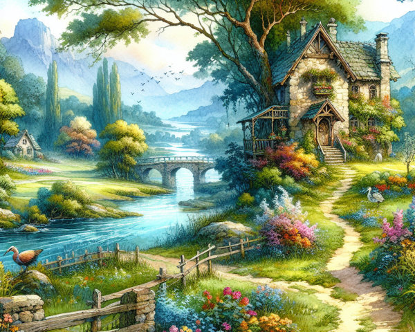 Charming Stone Cottage in Vibrant Countryside Landscape